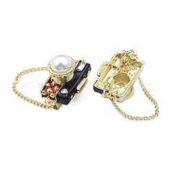 Camera with Dangle Chains Enamel Pin with ABS Plastic Pearl, Light Gold Plated Alloy Badge with Crystal Rhinestone for Backpack Clothes, Nickel Free & Lead Free, Red, 40x33mm