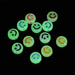 Luminous Acrylic Beads, Glow in the Dark, Flat Round with Smiling Face Pattern, Mixed Color, 10x5mm, Hole: 2mm, about 1450pcs/500g