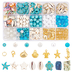 Pandahall Elite DIY Kit de fabrication de bijoux océaniques, y compris étoile de mer et tortue turquoise synthétique et perle acrylique, coquillage naturel & alliage & 304 pendentif en acier inoxydable, anneau de jonction en fer, alliage fermoir, platine et d'or, 8mm, Trou: 1mm