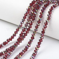 Placcare trasparente perle di vetro fili, la metà placcato oro rosa, sfaccettato, rondelle, rosso scuro, 6x5mm, Foro: 1 mm, circa 85~88pcs/filo, 16.1~16.5 pollice (41~42 cm)