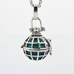 Antique Silver Tone Grid Brass Cage Pendants, Chime Ball Pendants, with Brass Spray Painted Bell Beads, Teal, 25x23x19mm, Hole: 3x5mm