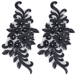 Accessori per ornamenti ricamati in poliestere con fiori 3d, con vetro, patch applique, decorazione artigianale di cucito, nero, 410x192x2.5mm