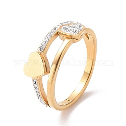 Anillo de dedo de corazón de rhinestone de cristal, chapado en iones (ip) 304 joyería de acero inoxidable para mujer, dorado, nosotros tamaño 6~9 (16.5~18.9 mm)