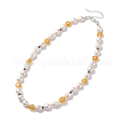 Halskette mit natürlichen Perlen, handgefertigte Blume Millefiori Glasperlenkette für Frauen, Silber, dunkelgolden, 15.94 Zoll (40.5 cm)