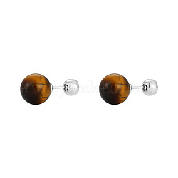 Orecchini a bottone rotondi con occhio di tigre naturale e perni in argento sterling da donna, 12mm
