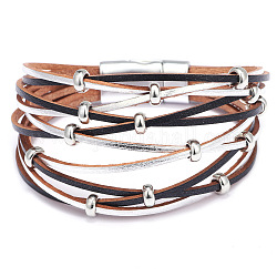 Bracelets multi-rangs en cuir PU, avec fermoir magnétique en alliage et perles en alliage, noir, 7-1/2 pouces (19 cm), 35mm