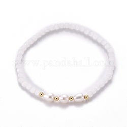 Facettierten Glasperlen Stretch-Armbänder, mit natürlichen Perlen und vergoldeten Messingperlen, weiß, Innendurchmesser: 2-1/4 Zoll (5.7 cm)
