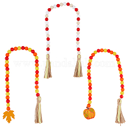 Superfindings 3 guirlande de perles en bois 3 styles pour Halloween avec pompon, chaînes de perles en bois avec pendentif citrouille et feuille d'érable, décorations à suspendre pour maison de ferme, vacances, 69-85 cm
