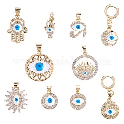 10Pcs 10 Styles Rack Plating Brass Micro Pave Clear Cubic Zirconia Pendants, with Enamel, Long-Lasting Plated, Cadmium Free & Lead Free, Mixed Shapes, Real 18K Gold Plated, 15~25x7~21.7x2.5~4.5mm, Hole: 3x4mm, 1pc/style