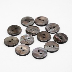 2 trous boutons de nacre de plat rond, noir, 15x2mm, Trou: 1.5mm, environ 500 pcs / sachet 
