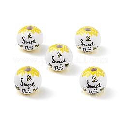 Perles européennes en bois naturel imprimées, perle avec trou grande, rond avec motif abeille et mot, jaune, 16mm, Trou: 4mm