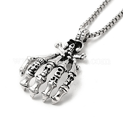 Alloy Skull Hands Pandant Necklace with Box Chains, Gothic Jewelry for Men Women, Antique Silver, 23.54 inch(59.8cm)