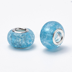 Perles européennes en crackle résin, Perles avec un grand trou   , avec noyaux en laiton plaqué couleur argent, rondelle, lumière bleu ciel, 13.5~14x8.5~9mm, Trou: 5mm
