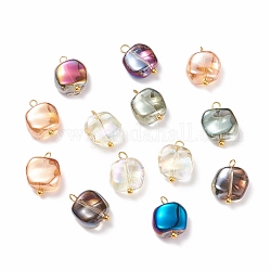 Colgantes de perlas de vidrio electrochapado, con pernos de cabeza de bola de latón, multi-color de chapado, cuadrado, color mezclado, 14~15x11x5~6mm, agujero: 1.5~2.2 mm