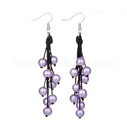 Trendy Dangling Glass Pearl Cluster Earrings , with Nylon Therad Cord and Brass Earrings Hooks, Platinum, Lilac, 75mm, Pin: 0.7mm