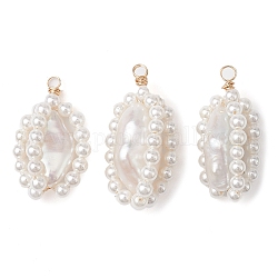 Pendenti di perle barocche naturali, ciondoli ovali con filo di rame avvolto da perle di conchiglia, oro, bianco, 25~28x15~15.5x10.5~14mm, Foro: 2 mm