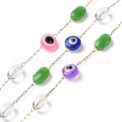 Plat rond avec des chaînes de perles de verre mauvais œil, avec 304 chaînes de trombones en acier inoxydable dorées, non soudée, verte, 6x4mm, 7.5x4.5x3mm