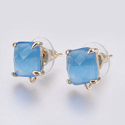 Faceted Glass Stud Earring Findings, with Loop, Light Gold Plated Brass Findings, Square, Deep Sky Blue, 11x10x5mm, Hole: 1mm, Pin: 0.8mm