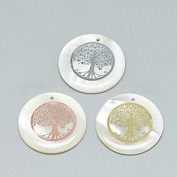 Freshwater Shell Pendants, Covered with Iron Findings, Flat Round with Tree of Life, Mixed Color, 30~31x2~3mm, Hole: 1.8mm
