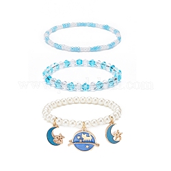 3Pcs 3 Style Shell Pearl & Glass Seed Beaded Stretch Bracelets Set, Alloy Enamel Moon & Star Charms Bracelets for Women, Light Sky Blue, Inner Diameter: 2-1/8~2-1/4 inch(5.3~5.7cm), 3pcs/set
