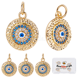 Beebeecraft 5Pcs/Box Evil Eye Charms 18K Gold Plated Brass Flat Round with Blue Cubic Zirconia Turkish Evil Eye Pendants Jewelry Making Findings for DIY Bracelet Necklace