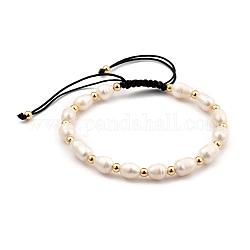 Bracciali di perline intrecciati con filo di nylon regolabile, con perle d'acqua dolce coltivate naturali e perle di ottone, vero placcato oro 18k, nero, diametro interno: 5.5~9 cm (2-1/8~3-1/2 pollici)