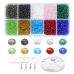Kit de fabrication de bracelet boucle d'oreille bricolage, y compris perles rondelles de verre, Crochets d'oreille en laiton, fil élastique, couleur mixte, 1240~1280 pièces / kit