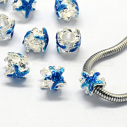 Perline europei dello smalto della lega, perline con foro grande, stelle marine / stelle marine, colore argento placcato, dodger blu, 10x9.5mm, Foro: 4.5 mm