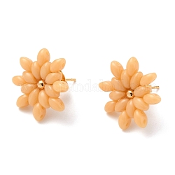 Flower Stud Earrings, with Czech Glass Beads, Golden Plated 304 Stainless Steel Stud Earring Findings and Ear Nuts, Sandy Brown, 19x18x4mm, Pin: 0.8mm