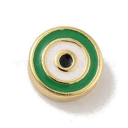 Perline in ottone, con smalto,  cadmio& piombo libero, placcato di lunga durata, piatta e rotonda con malocchio, vero placcato oro 18k, verde, 10x4mm, Foro: 1.2 mm