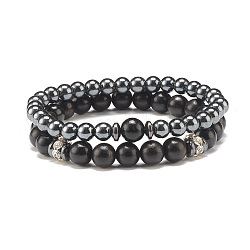 Ensemble de bracelets extensibles en perles de bois naturel et hématite synthétique 2pcs 2 styles, bijoux en pierres précieuses pour femmes, noir, diamètre intérieur: 2-1/4 pouce (5.6 cm), 1pc / style