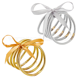 Ahadermaker 10шт 2 цвета желе цвет ПВХ пластиковые наборы браслетов, браслеты с блестящей пудрой и полиэфирной лентой для женщин, золотой и серебряный, 2-1/2 дюйм (6.3 см), 5 шт / цвет