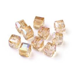 Electorplated Glass Beads, Rainbow Plated, Faceted, Cube, Goldenrod, 7x7x7mm, Hole: 1mm