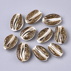 Natural Cowrie Shell Beads, with Epoxy Resin and Glitter Powder, Undrilled/No Hole, Dark Goldenrod, 17~22x11~14x7~8mm