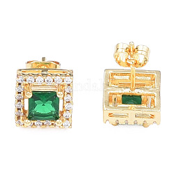 Cubic Zirconia Square Stud Earrings, Golden Brass Jewelry for Women, Nickel Free, Green, 9.5x9.5mm, Pin: 0.7mm