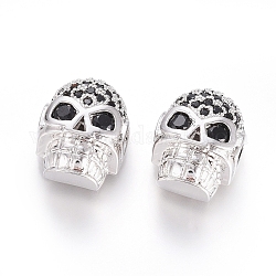 Brass Micro Pave Cubic Zirconia Beads, Long-Lasting Plated, for Halloween, Skull Head, Black, Real Platinum Plated, 12.5x9.5x7mm, Hole: 2x2.5mm