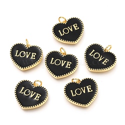 Colgantes de esmalte de latón, Plateado de larga duración, real 18k chapado en oro, con anillos de salto, para el dia de san valentin, corazón con la palabra amor, negro, 17.5x20x2.5mm, agujero: 3 mm
