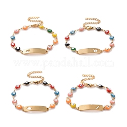 Placage sous vide 304 bracelet à maillons rectangulaires en acier inoxydable, Bracelet chaînes mauvais œil émail coloré pour femme, or, 6-3/4 pouce (17.3 cm)