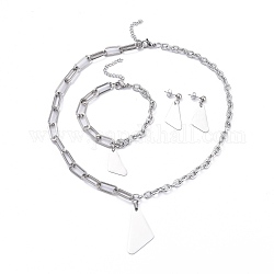 304 Stainless Steel Paperclip Chains & Cable Chain Jewelry Sets, Dangle Earrings & Pendant Necklaces & Charm Bracelets, Triangle, Stainless Steel Color, 18-3/4 inch(47.7cm), 31cm, 35mm, Pin: 0.6mm