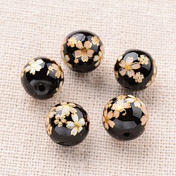 Perle rotonde di vetro stampate con foto di fiori, nero, 10mm, Foro: 1 mm