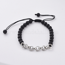 Bracelets de perles tressées en agate noire naturelle, avec 304 chaîne rolo en acier inoxydable et fil nylon, 1-7/8 pouce ~ 3-3/8 pouces (4.9~8.5 cm)