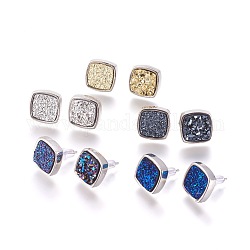Brass Stud Earrings, with Druzy Resin Cabochon, with Ear Nuts, Square, Platinum, Mixed Color, 15x15x4~6mm, Pin: 0.8mm, Side Length: 12.5mm