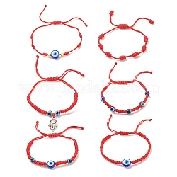 6Pcs 6 Style Resin Evil Eye Braided Bead Bracelets Set, Hamsa Hand Alloy Charm Adjustable Bracelets for Women, Red, Inner Diameter: 1-1/2~3 inch(3.9~7.5cm), 1Pc/style