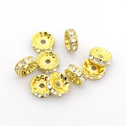 Perline distanziatori strass in ottone, grado B, chiaro, colore metallico oro, misura:circa10mm di diametro, 4 mm di spessore, Foro: 2 mm