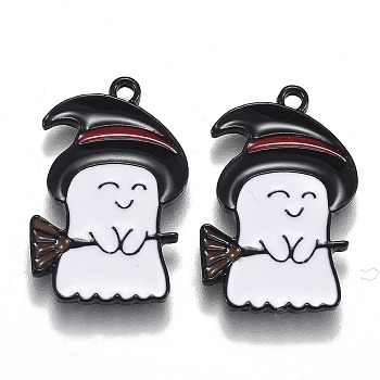 Halloween Theme Alloy Enamel Pendants, White Ghost with Black Witch Hat and Broom, Electrophoresis Black, 22.5x14.5x1.5mm, Hole: 1.6mm