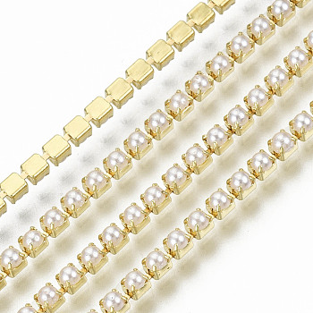 Cadenas de garra de latón, con cuentas de perlas de imitación de plástico abs, con carrete, dorado, ss6.5, 2~2.1mm, aproximamente 10yards / rodillo (9.14 m / rollo)
