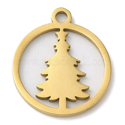 クリスマス201ステンレス製ペンダント  クリスマスツリーとフラットラウンド  ゴールドカラー  15x13x1mm  穴：1.5mm STAS-D053-03G-1