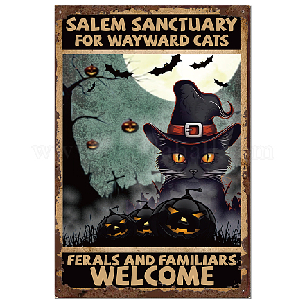 SUPERDANT Halloween Metal Tin Sign Black Cat Vintage Metal Sign Salem Sanctuary Tin Painting Plaque Welcome Wall Art Poster for Halloween Party Wall Decoration AJEW-WH0189-220-1