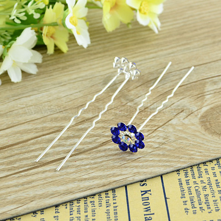 Lady's Hair Accessories Silver Color Iron Rhinestone Flower Hair Forks PHAR-S194-03-1