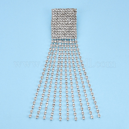 タッセルラペルピン付きクリスタルラインストーンの長方形  バックパックの服のための創造的な真鍮のバッジ  銀  120x26x8mm  ピン：0.7mm JEWB-T002-04S-1